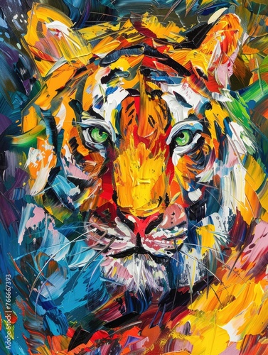 Painting of colorful tiger. Animal head  portrait art Colorful abstract oil acrylic on canvas