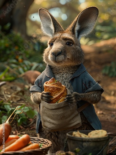 A kangaroo chef carefully tucks fresh vegetables into a croissant pouch, ready for a hopandeat adventure photo