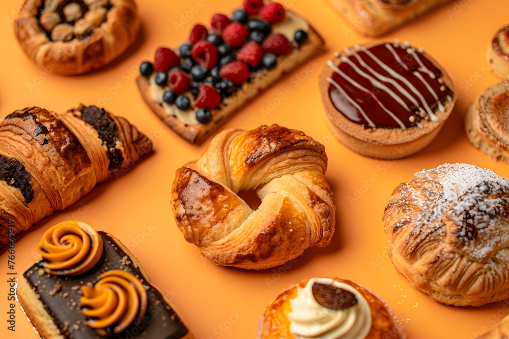 A collection of freshly baked pastries displayed on a warm orange surface, enticing customers with the aroma of baked goods 