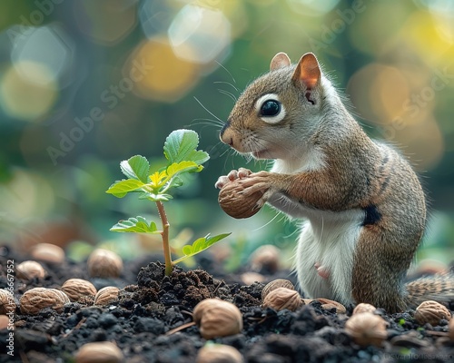 A squirrel buries nuts among the sprouting plants, unknowingly sowing seeds for future forests , film stock photo