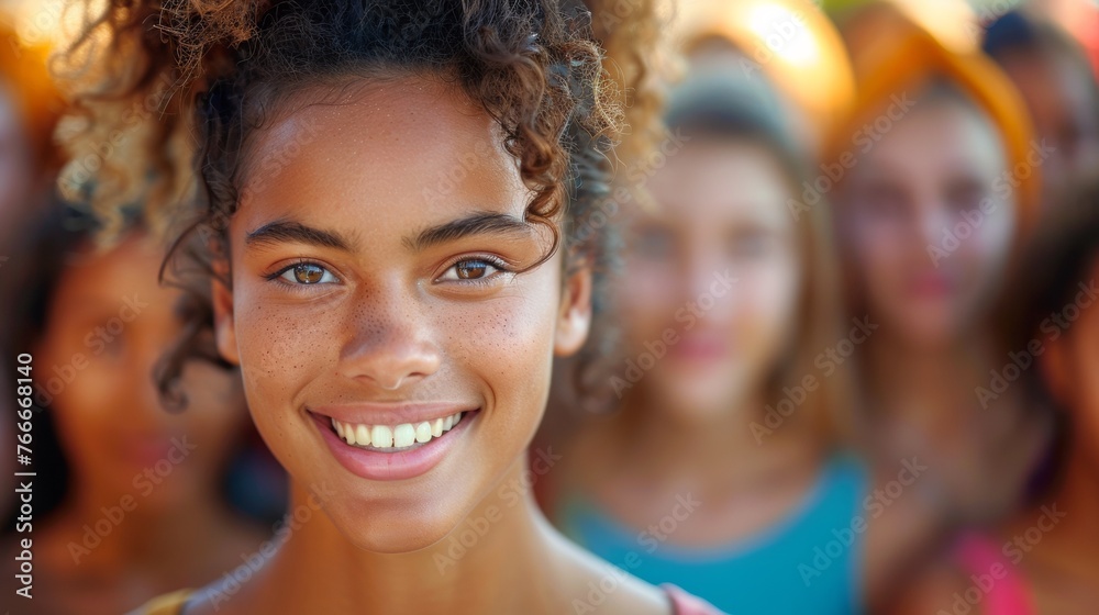 A woman with curly hair smiling in front of a group, AI A woman with curly hair smiling in front of a group, AI