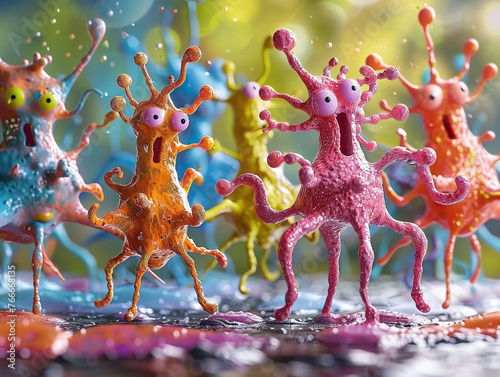 Microscopes revealing not cells, but tiny, dancing pop art figures , 3D render