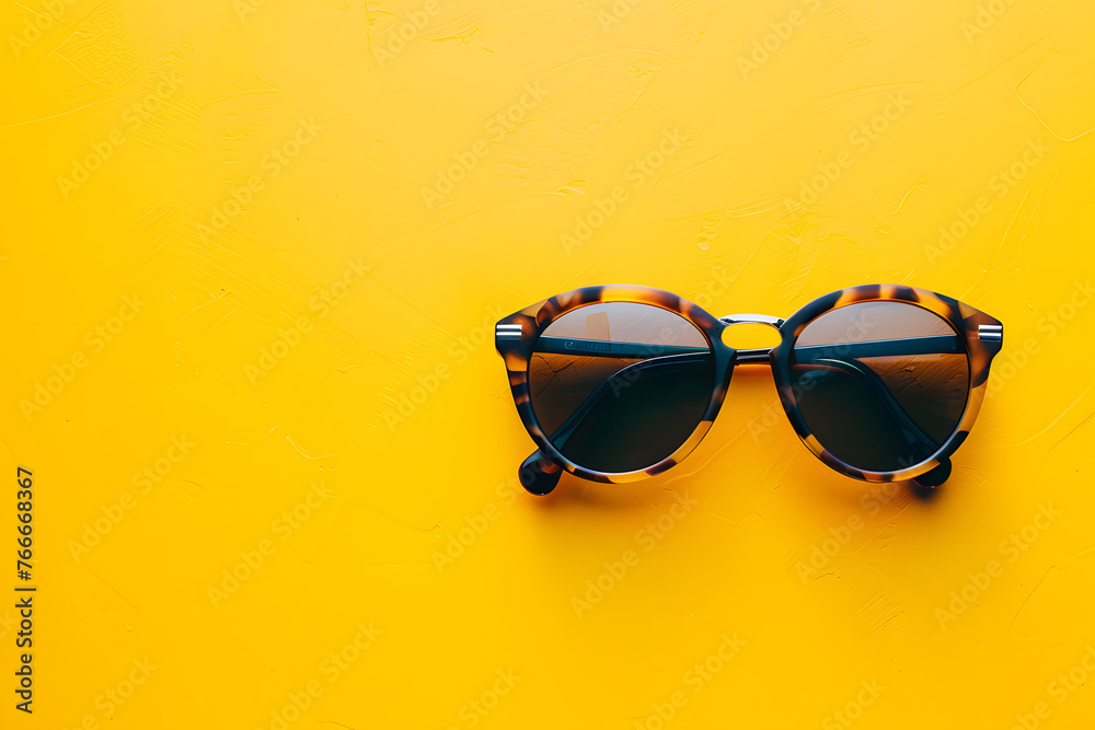 A pair of stylish sunglasses resting on a bright yellow backdrop, exuding summer vibes and coolness A pair of stylish sunglasses resting on a bright yellow backdrop, exuding summer vibes and coolness
