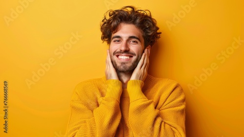 A man in a yellow sweater smiling with his hands on the sides of his face, AI