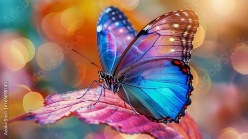 A butterfly sitting on a leaf with colorful bokeh background, AI