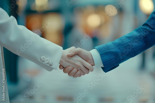 Two professionals in business attire shake hands symbolizing a successful collaboration and bright future. Concept Business Partnership, Success, Collaboration, Professionalism, Handshake