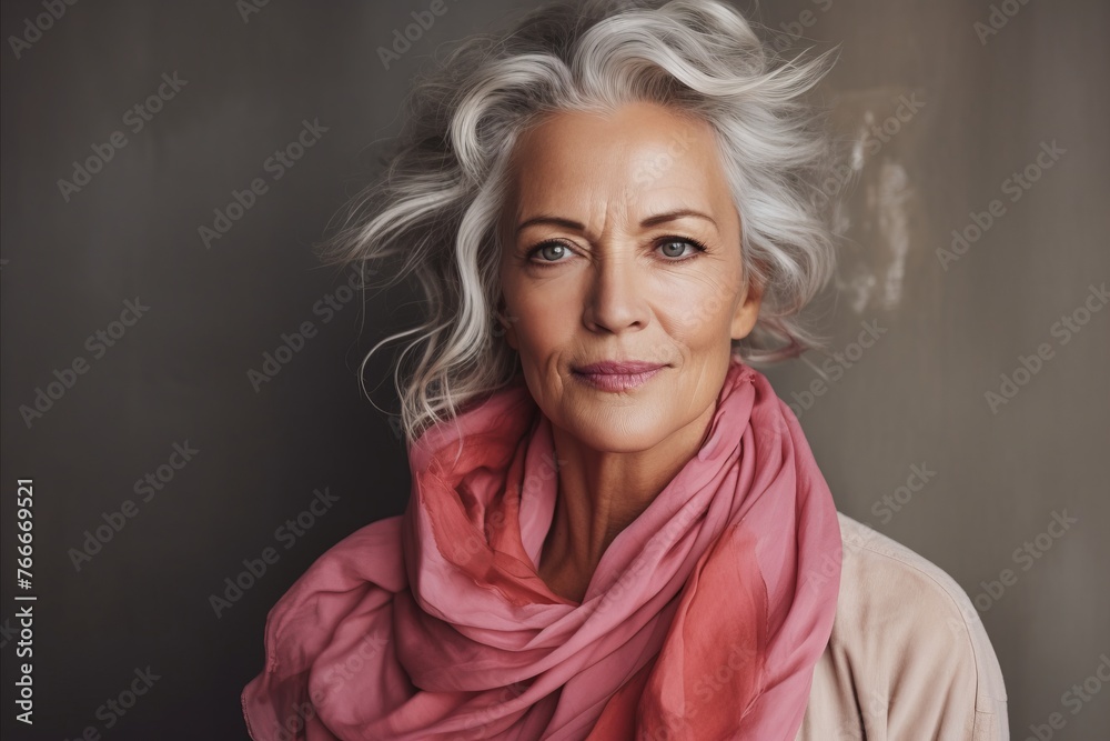 Portrait of a beautiful senior woman with long grey hair wearing pink scarf Portrait of a beautiful senior woman with long grey hair wearing pink scarf
