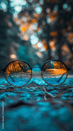 A pair of glasses hanging on a wall with the reflection in them, AI