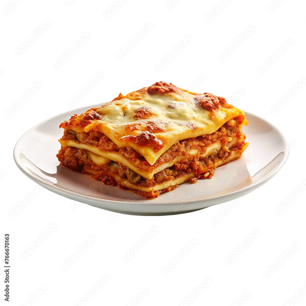 Portion of lasagna on the plate isolated on transparent background.