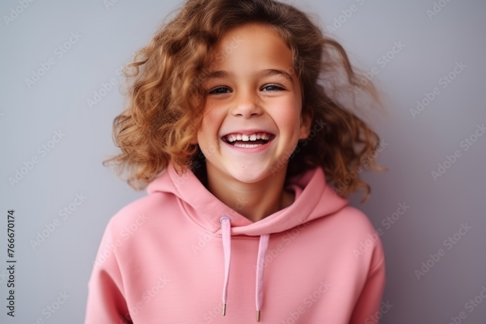 Portrait of a smiling little girl in a pink hoodie. Portrait of a smiling little girl in a pink hoodie.