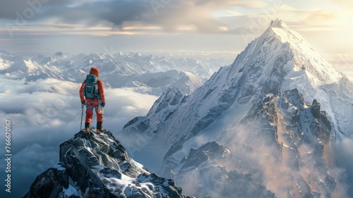 Climber Gazing at Sunrise over the Mountains. Amidst a serene mountain sunrise, a climber gazes into the distance, a metaphor for contemplation and future goals.