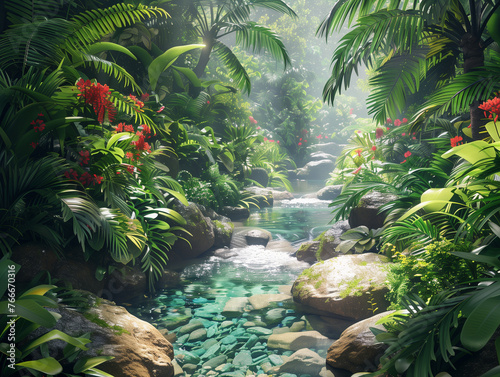 An immersive virtual reality experience simulating a journey through a dense jungle, with the sounds of wildlife
