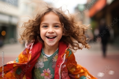 Portrait of a smiling little girl with her hair in the wind