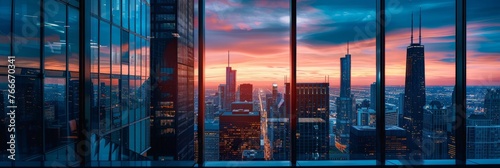 Breathtaking urban sunset view through skyscraper windows, evoking inspiration and city life progress. Ideal for real estate, architecture, and travel promotion.