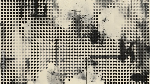 An abstract grunge background featuring a grid and polka dot halftone pattern, composed of spotted black and white lines, creating a textured effect photo