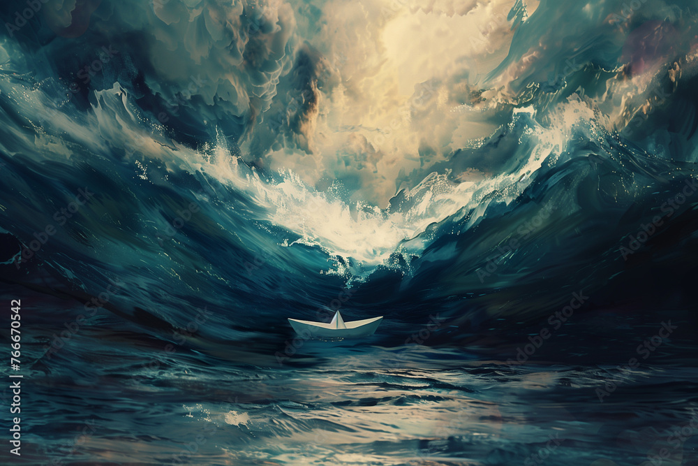 Paper Boat in Stormy Ocean Painted, Dramatic Skies and Waves - obrazy, fototapety, plakaty 