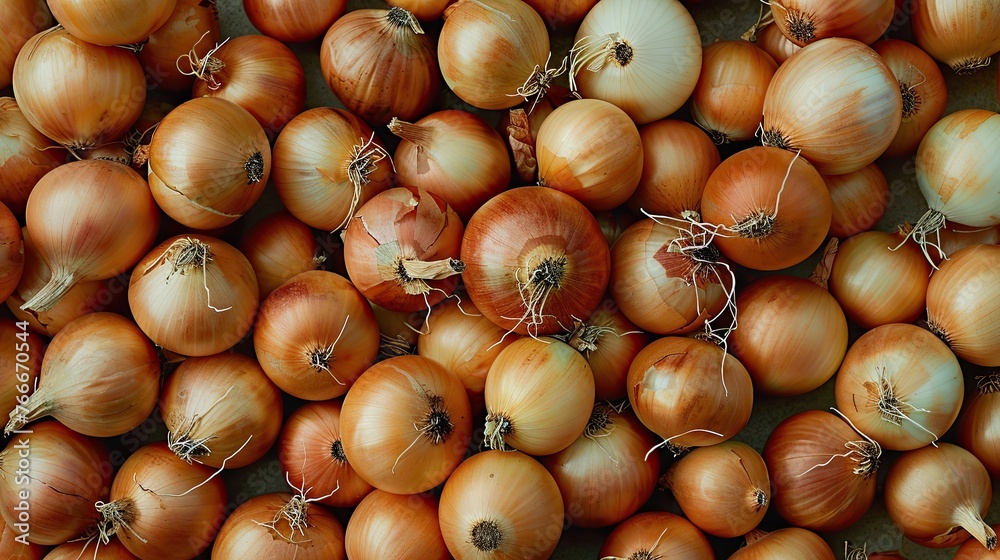 Onions vegetables background, top view, flat lay. Agriculture harvest food photography background