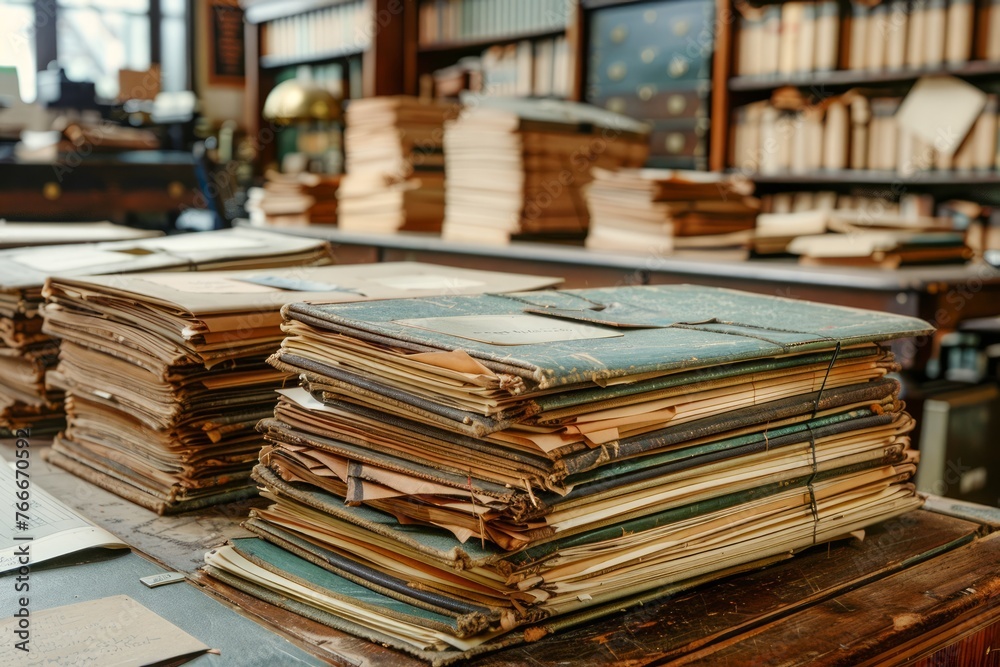 Obraz premium Antique Book Collection on Wooden Table in Vintage Library Setting with Shelves of Old Books in Background