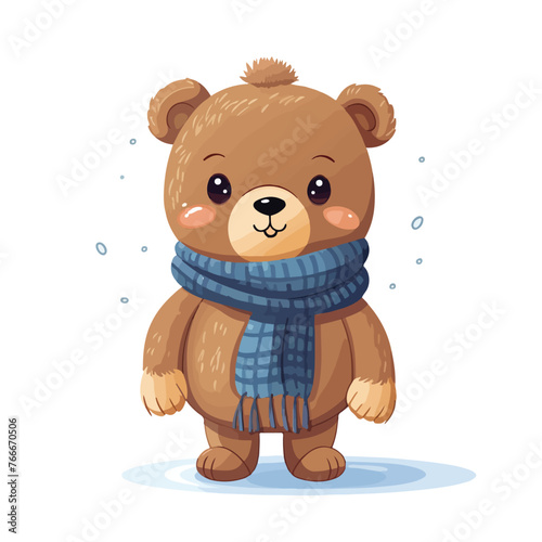Isolated cute winter brown bear in blue scarf on wh