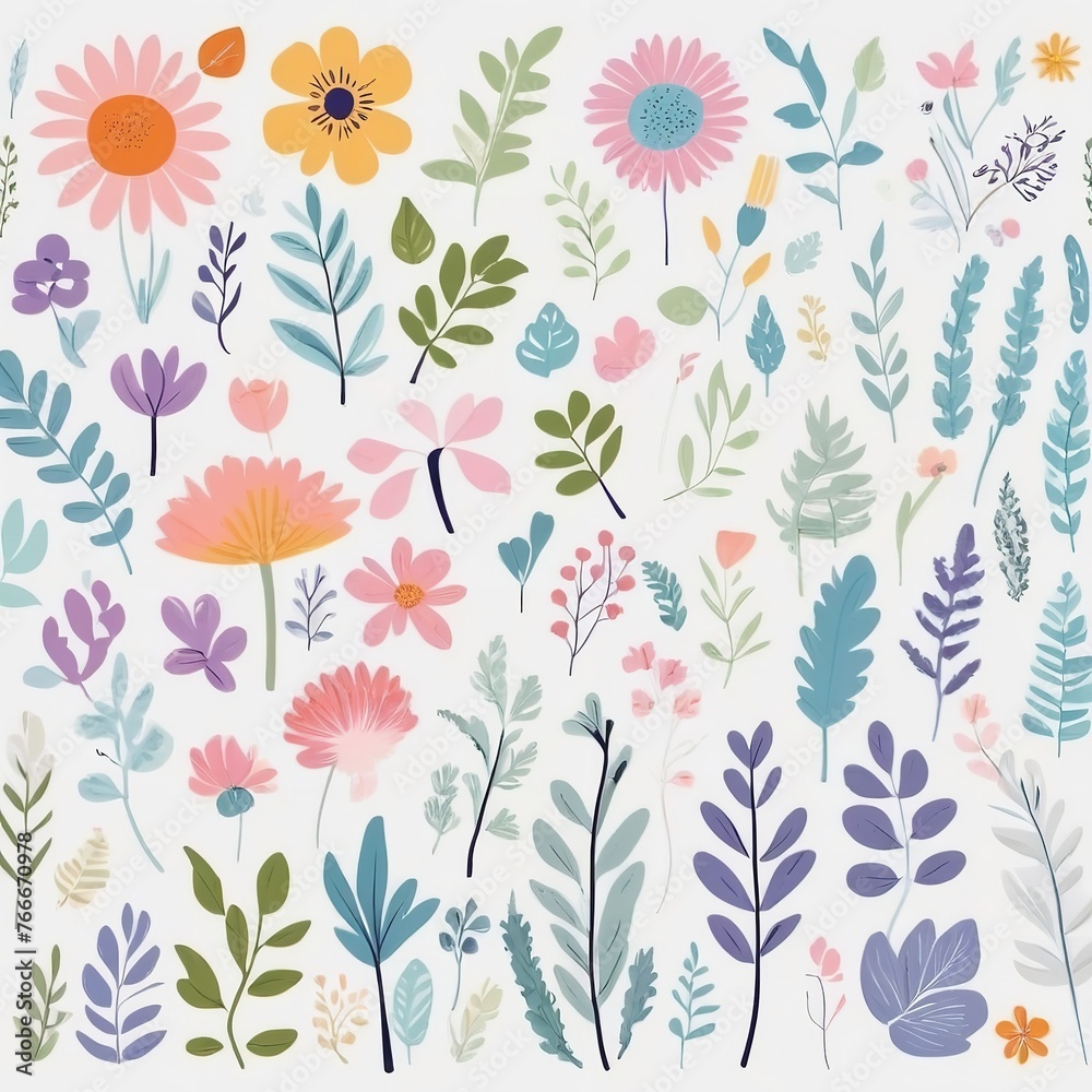 A collection of seamless pattern, colorful abstract plants and flowers. Hand drawn Collection of leaves and flowers. A close up of a pattern of flowers and leaves.

