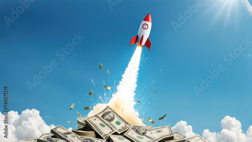 Increase your income, grow and increase business revenue or profits, rise investment profits, investor with dollar money sign, launch a booster rocket high into the sky