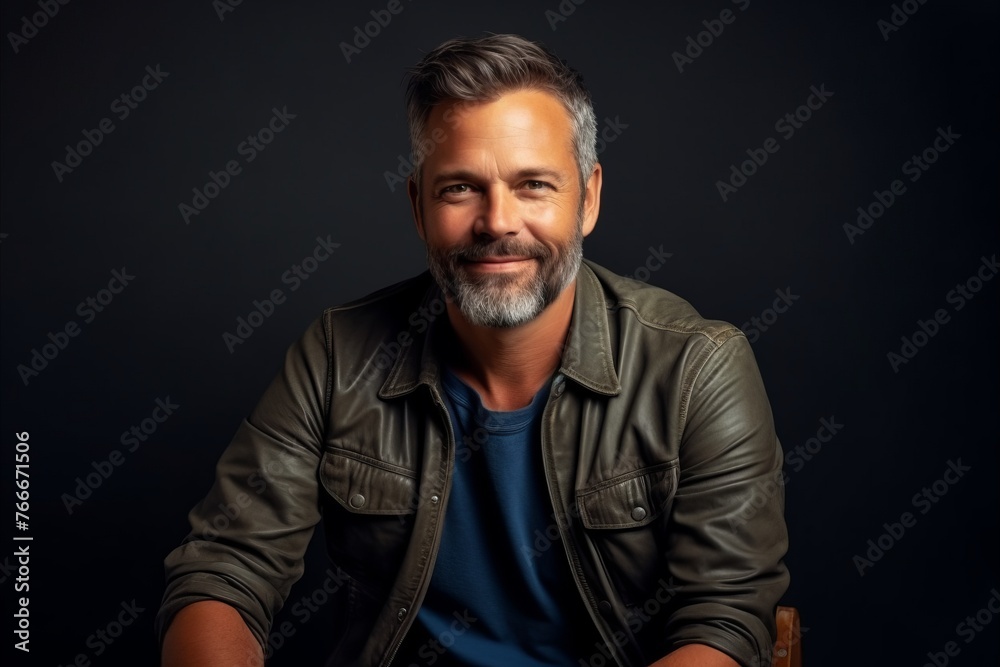 Portrait of a handsome middle-aged man in a leather jacket. Portrait of a handsome middle-aged man in a leather jacket.