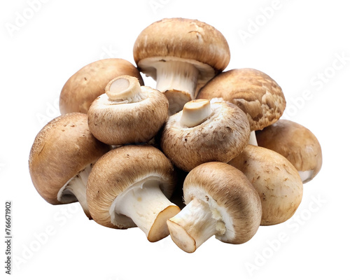 Pile of champignon mushrooms isolated on transparent background. Vegetarian food.