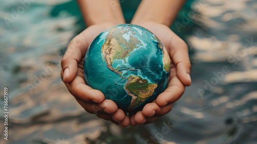 Close-up of diverse hands holding a globe with water bodies highlighted symbolizing international cooperation in water management