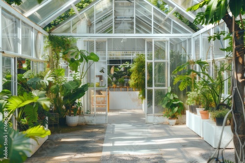 Greenhouse retailers carry many different types of plants. The interior is decorated in clear white. You can see a wide view.