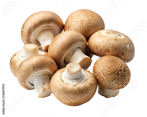 Pile of champignon mushrooms isolated on transparent background. Vegetarian food.