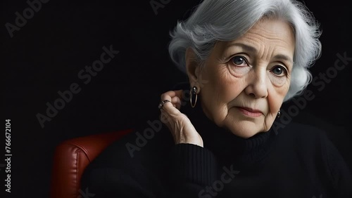 Elegant elderly woman with silver hair in a black turtleneck, contemplative expression, against a black background
