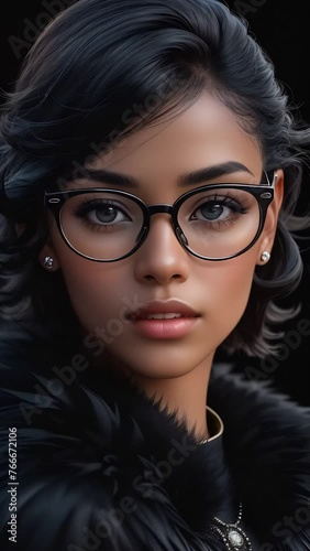 Young woman with a sophisticated look wearing fashionable glasses and a luxurious fur coat,  the portrait accentuates contemporary urban style and elegance
