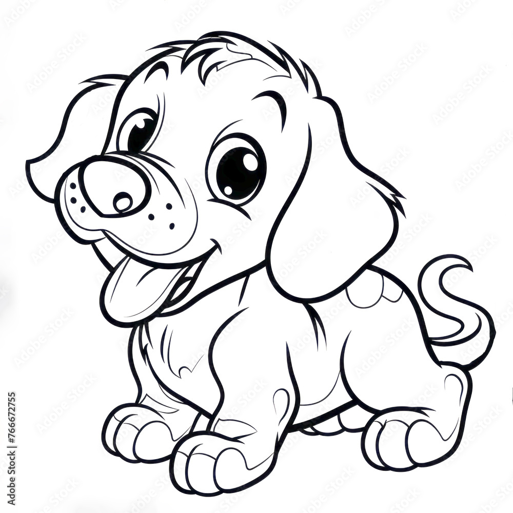 Black and white drawing of a joyful cartoon puppy with a wagging tail Black and white drawing of a joyful cartoon puppy with a wagging tail