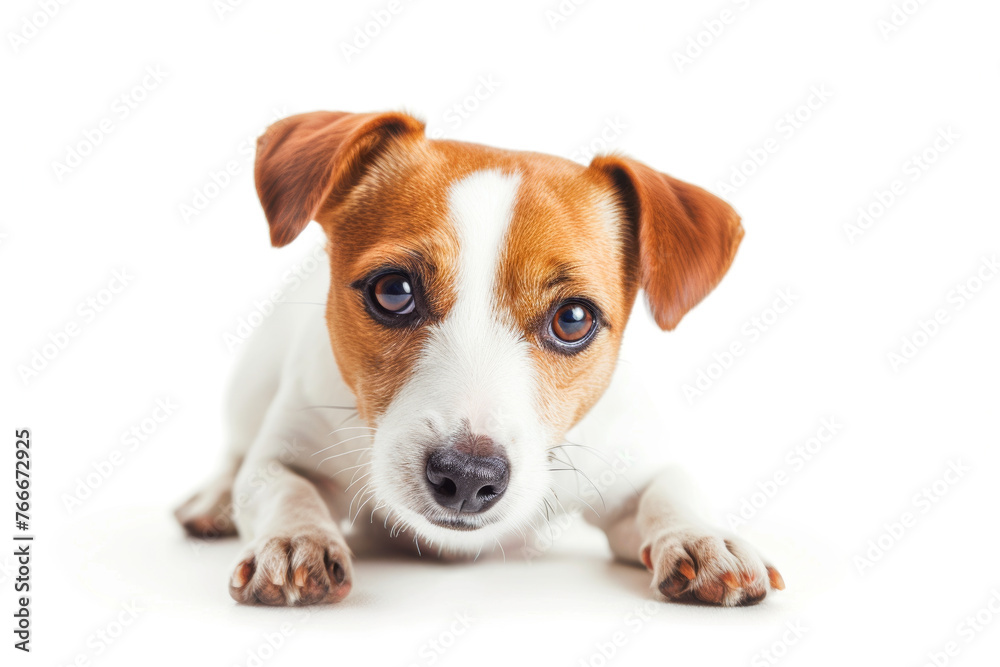 A Jack Russell Terrier lies down, gazing directly at the camera with a soft, inviting expression