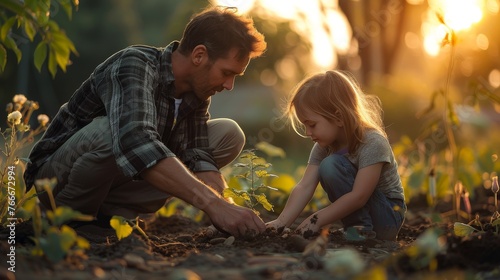Father and child burying a time capsule minimalist outdoor setting photo