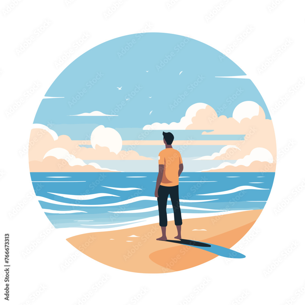 Man on the beach with copy space. flat vector illus
