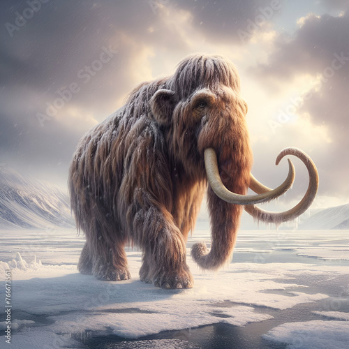 Majestic Extinct Enormous Prehistoric Mammal Woolly Mammoth Animal Mammuthus Primigenius, Imposing Tusks Walking Vast Frozen Cold Snowy Ice Age Tundra. Winter Landscape Hunting Evolution Paleontology. photo