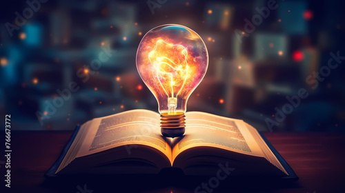 Light bulb and open book, concept of new ideas, knowledge