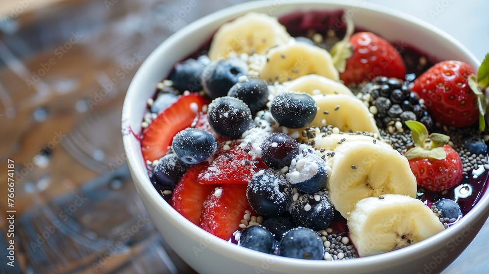 Nutrient-Dense Acai Bowl A cinematic view of a vibrant acai bowl topped with an abundance of fresh berries banana slices and su AI generated illustration Nutrient-Dense Acai Bowl A cinematic view of a vibrant acai bowl topped with an abundance of fresh berries banana slices and su AI generated illustration