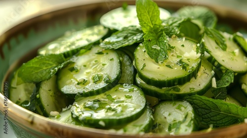 Refreshing Cucumber Mint Salad A professional photograph capturing a refreshing cucumber mint salad dressed with a zesty lime v AI generated illustration