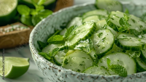 Refreshing Cucumber Mint Salad A professional photograph capturing a refreshing cucumber mint salad dressed with a zesty lime v  AI generated illustration