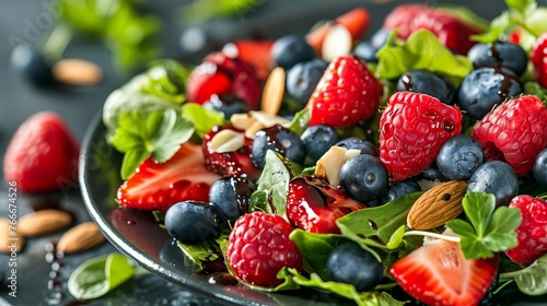 Summer Berry Salad A professional photograph capturing a summer berry salad with mixed greens fresh strawberries blueberries ra AI generated illustration