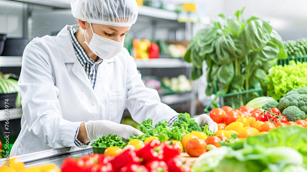 Woman in Lab Coat Preparing Vegetables in Food Distribution Center Woman in Lab Coat Preparing Vegetables in Food Distribution Center