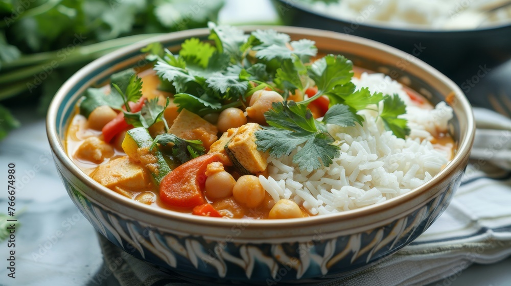 Tropical Coconut Curry Bowl A cinematic shot of a tropical coconut curry bowl filled with creamy coconut-infused broth tender v AI generated illustration