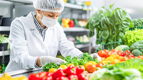 Woman in Lab Coat Preparing Vegetables in Food Distribution Center