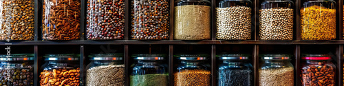 Bulk Foods Section: A Selection of Bulk Nuts, Grains, and Dried Fruits in a Grocery Store, Offering Economical and Sustainable Choices for Pantry Essentials 