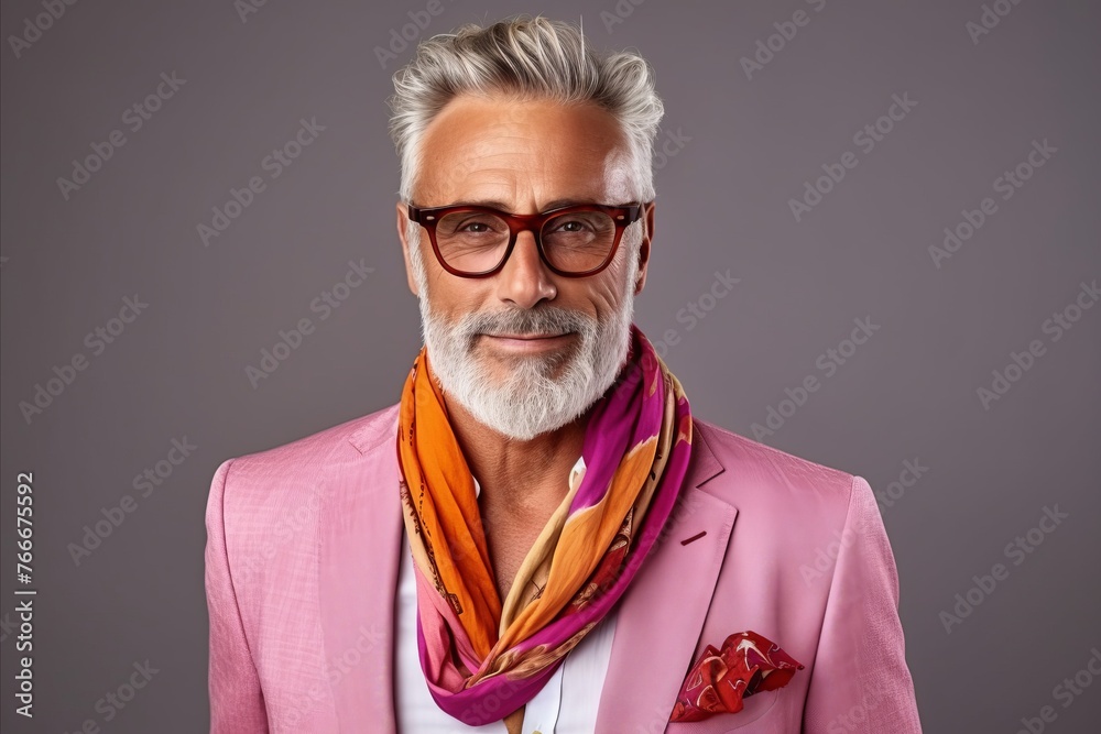 Portrait of a stylish senior man in pink suit and glasses.