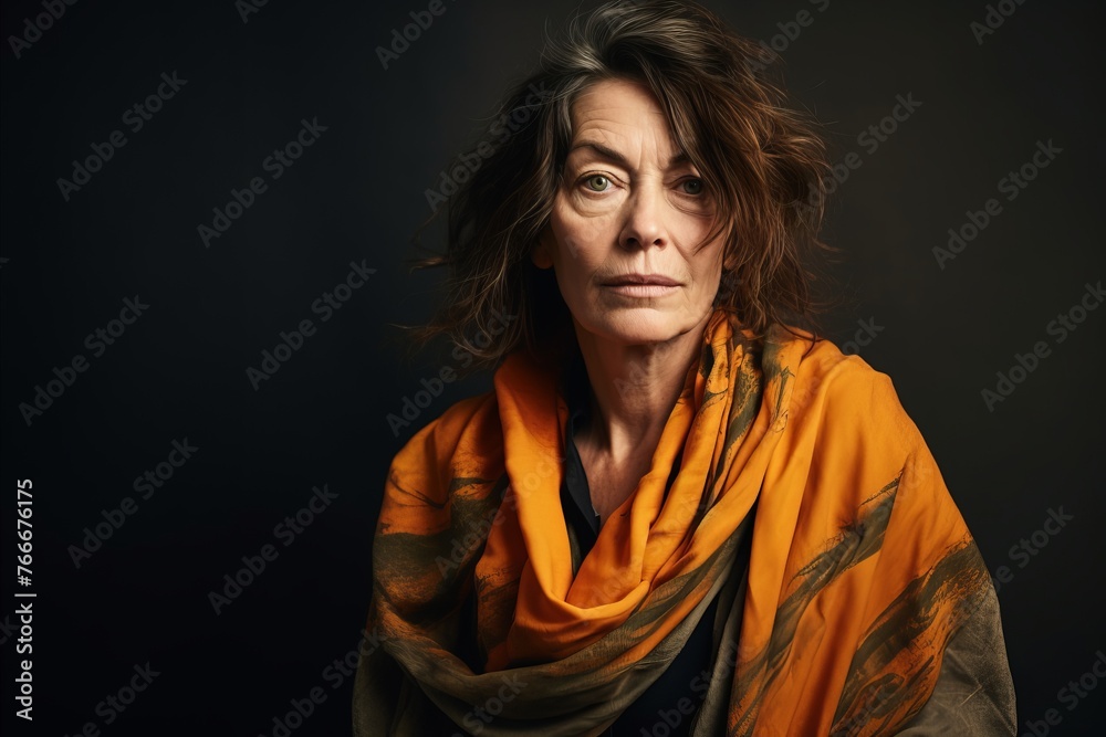 Portrait of a senior woman with a scarf on a dark background Portrait of a senior woman with a scarf on a dark background