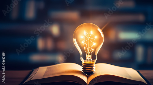 Glowing light bulbs on textbooks illuminate everything, learning and education concept photo