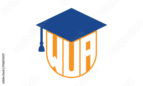 WUA initial letter academic logo design vector template. school college logo, university logo, graduation cap logo, institute logo, educational logo, library logo, teaching logo, book shop, varsity